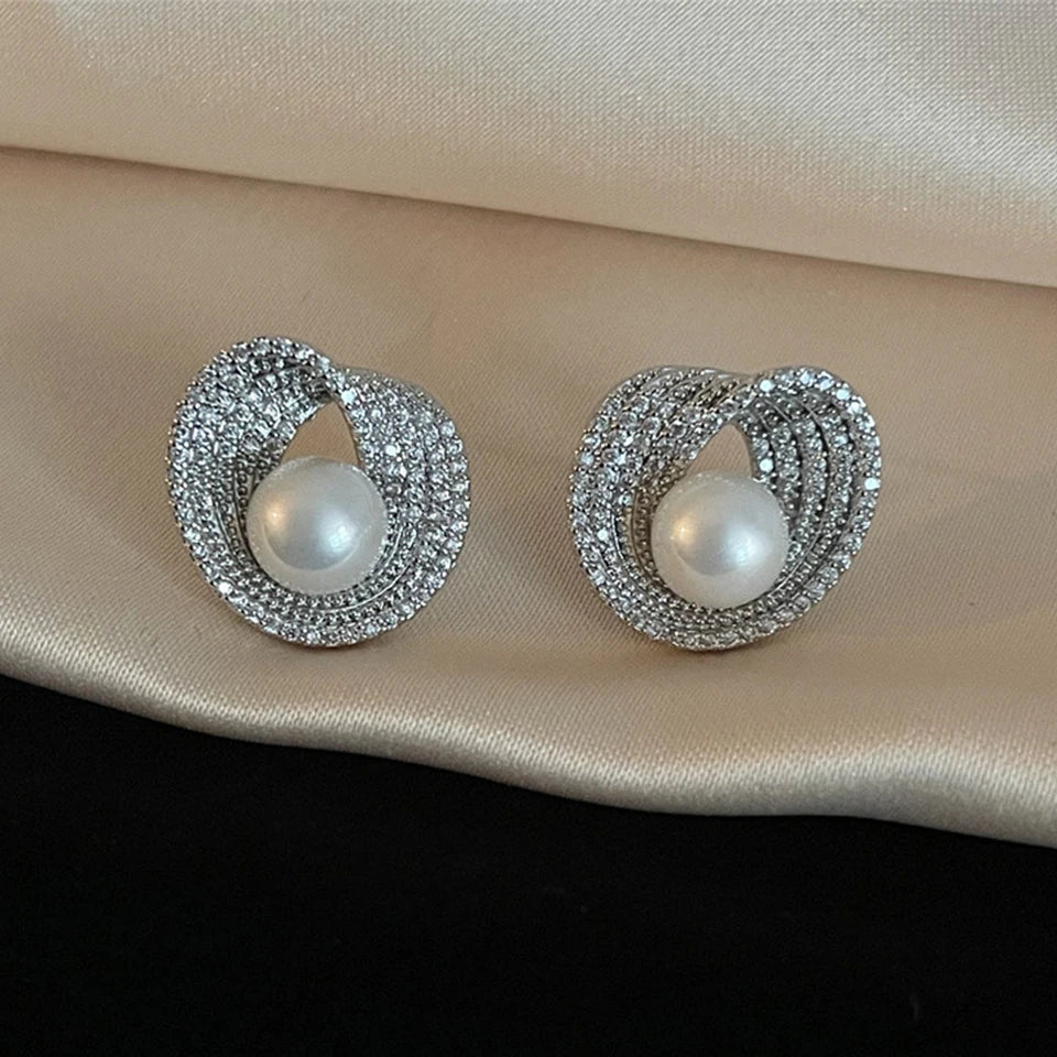 ZAKOL Luxury AAA Zircon Round Pearl Earrings for Women Irregular Stud Earring Temperament Wedding Party Jewelry