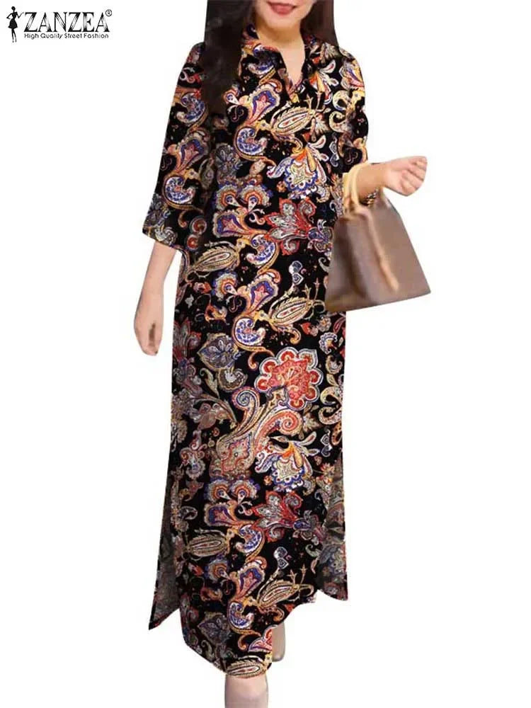 ZANZEA 2025 Autumn Casual Women's Floral Printed Long Dresses Vintage Dress Party Sundress Robe Lapel Neck 3/4 Sleeve Shirtdress