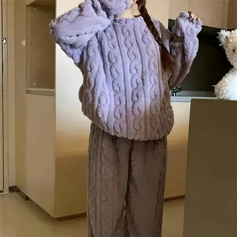 Women Coral Velvet Home Wear Set Warm Jacquard Sleepwear Comfortable Outfit for Winter Christmas and Back to School Season Gift