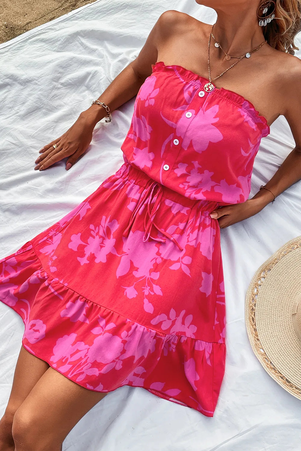 YEMOGGY Elegant Floral Print Dress for Women Summer Dresses 2024 New Casual Single Breasted Lace-up Sexy Bandeau Mini Dress