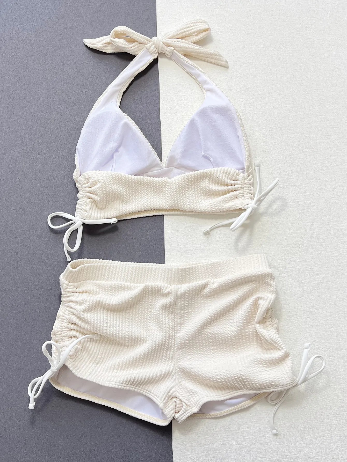 Sexy Pleate Drawstring High Waist Bikini Set Women White V Neck Push Up Two Piece Swimsuit 2024 Ribbed Bathing Suit Swimwear