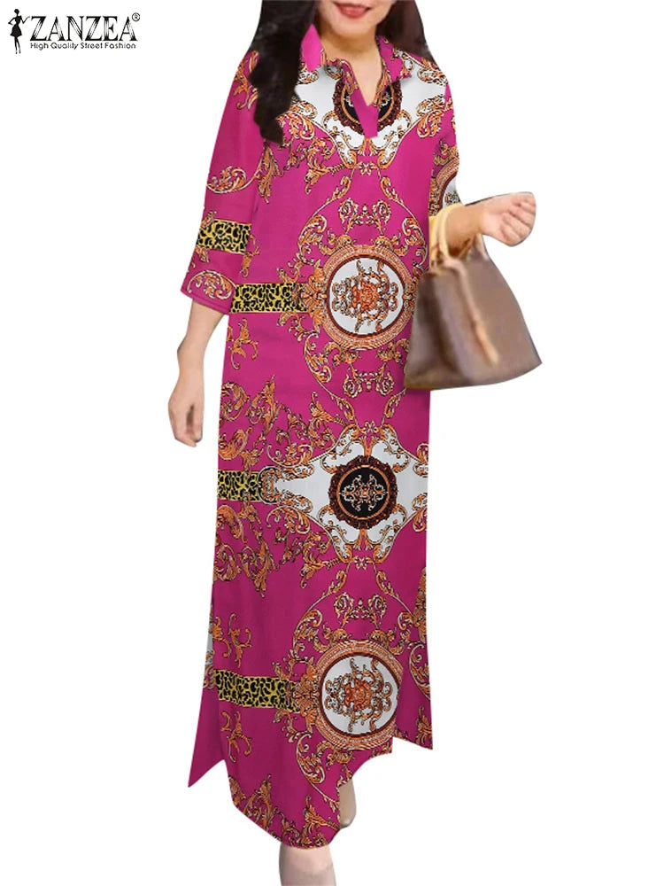 ZANZEA 2025 Autumn Casual Women's Floral Printed Long Dresses Vintage Dress Party Sundress Robe Lapel Neck 3/4 Sleeve Shirtdress