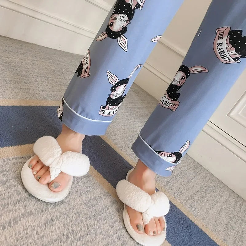 Spring Autumn Winter Long Sleeve Trousers Sleepwear Women's Cardigan Korean Style Outer Wear Casual Thin Homewear Two-piece Suit