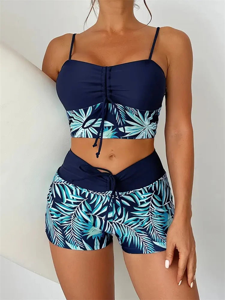 High Waist Bikini Women Vintage Floral Print Pleate Drawstring Push Up Patchwork Swimsuit 2025 Large Size Bathing Suit Swimwear