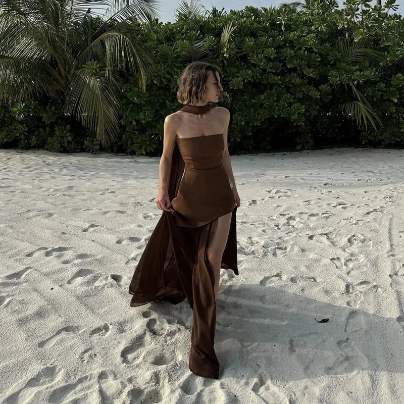 Elegant Strapless Dress With Ribbon Female Fashion Sleeveless Mesh Beach Vacation Long Robes 2025 Spring New Women's Dresses