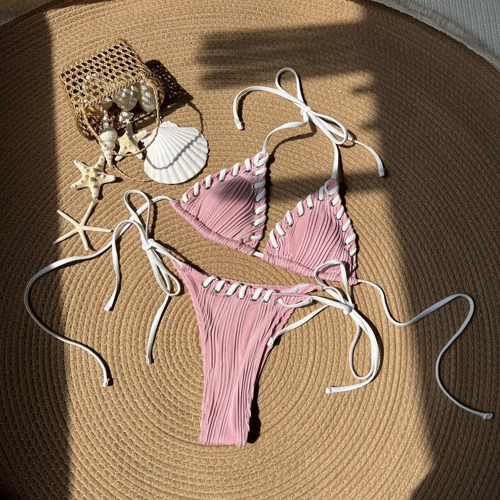 2025 Halter Wrinkled Weaved Bikini Women Swimwear Female Swimsuit Two Pieces Bikini Set Brazilian Bathing Suit Swim Beach Wear