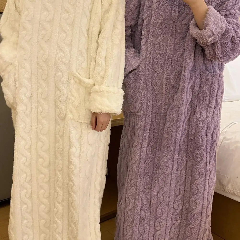 Flannel Nightgowns Long Sleeve Women Loose Double Pocket Solid Sleepwear Jacquard Night Dress Thickened Winter Warm Nightdress