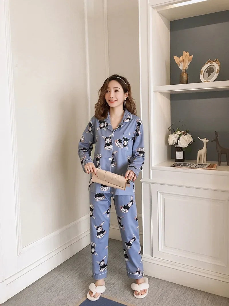Spring Autumn Winter Long Sleeve Trousers Sleepwear Women's Cardigan Korean Style Outer Wear Casual Thin Homewear Two-piece Suit