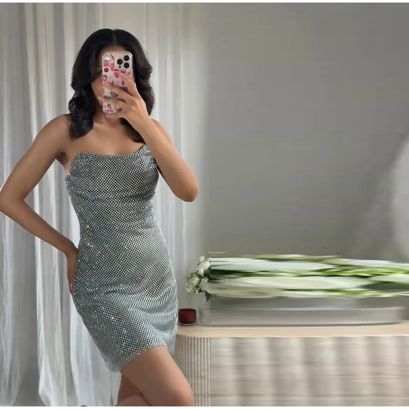 Rhinestone Shining Sexy Evening Dress Women Sleeveless Backless Slim Party Pleated Gown Female Dresses Street Vacation Lady Robe