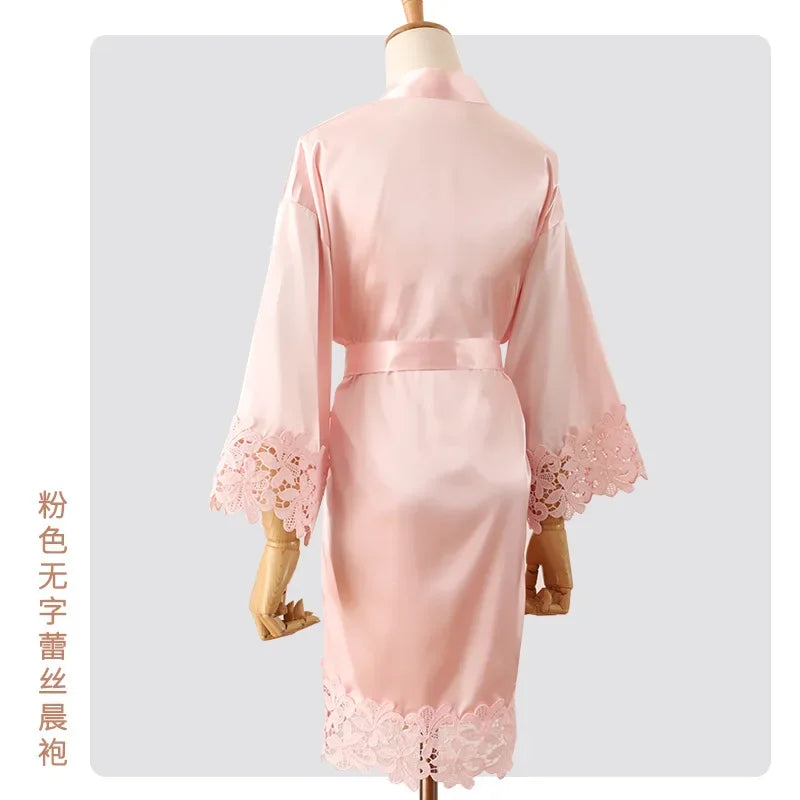 Sexy Embroidery Wedding Robe Patchwork Lace Kimono Bathrobe Gown Summer New Female Sleepwear Home Dress Loose Casual Loungewear