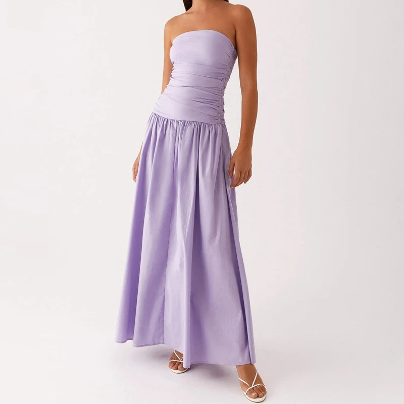 Maemukilabe Women Summer Strapless Maxi Dress Sexy A Line Flowy Tube Top Dress Y2K Elegant Wedding Party Cocktail Long Dresses