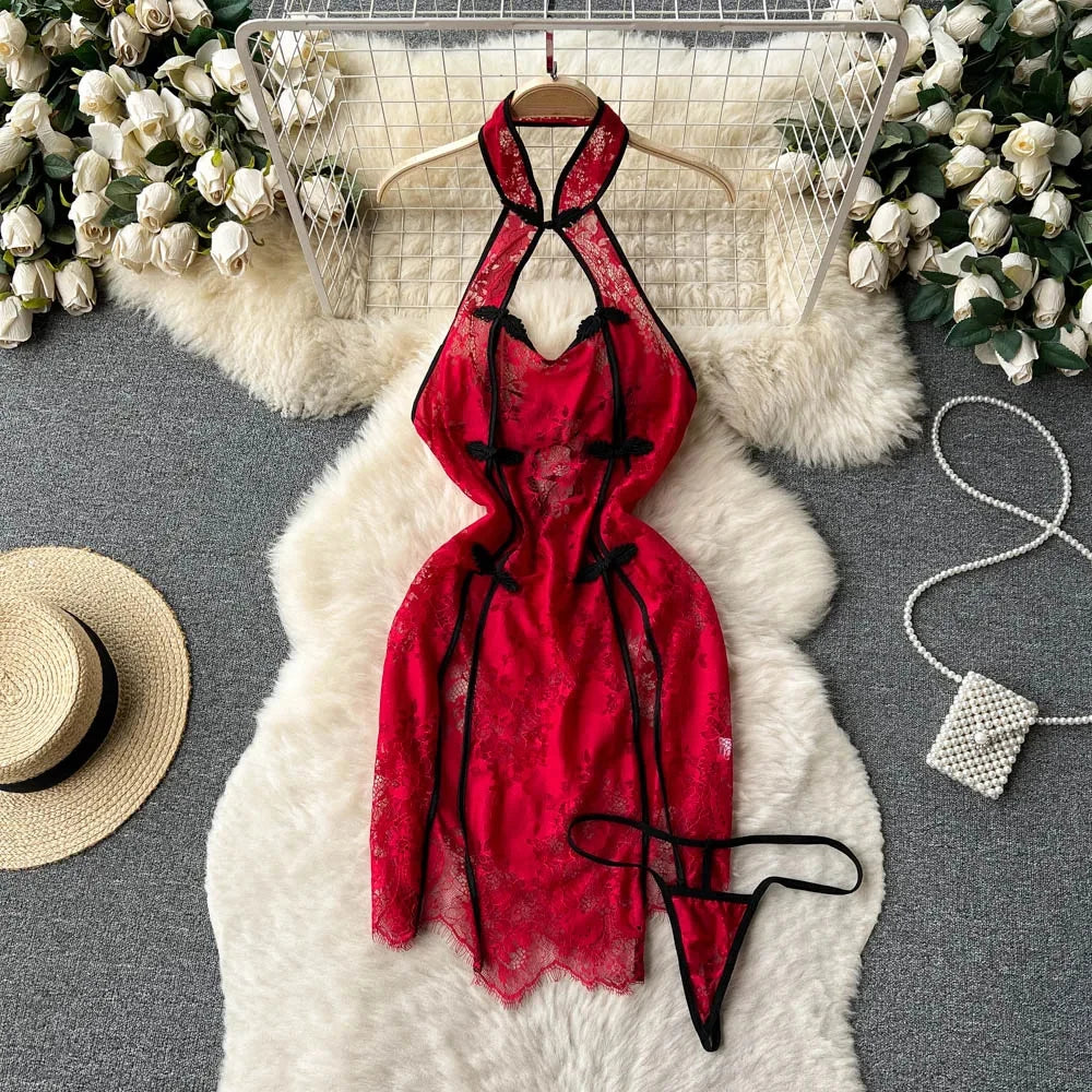 Sexy Women Night Dress Sleeveless Backless Porno Pajamas Floral Lace Erotic Nightwears+Thongs Satin Short Transparent Dresses