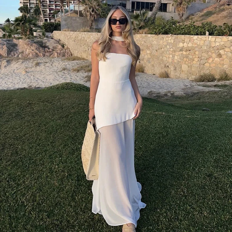 Elegant Strapless Dress With Ribbon Female Fashion Sleeveless Mesh Beach Vacation Long Robes 2025 Spring New Women's Dresses