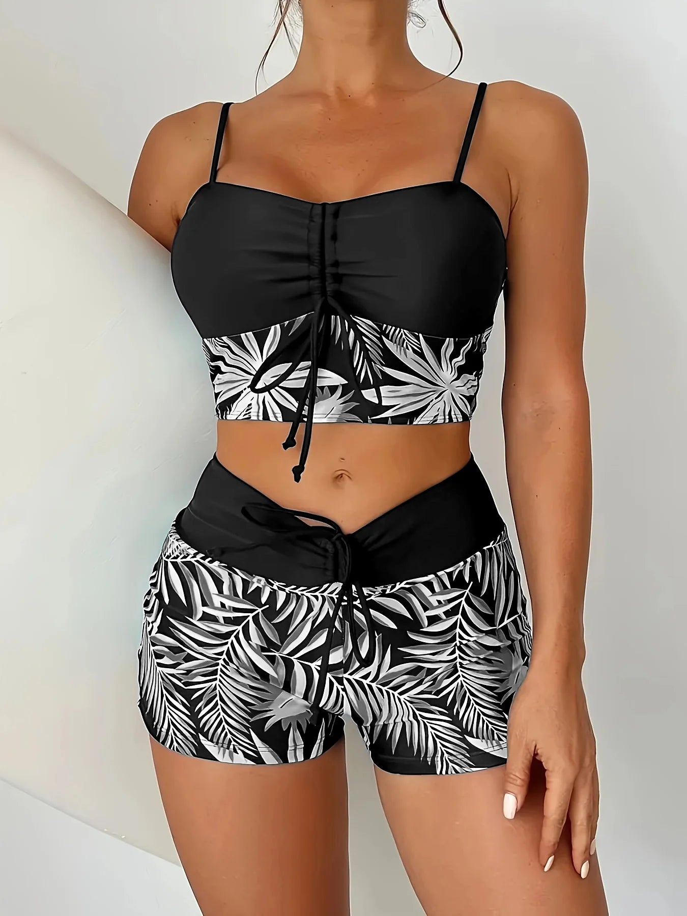 High Waist Bikini Women Vintage Floral Print Pleate Drawstring Push Up Patchwork Swimsuit 2025 Large Size Bathing Suit Swimwear