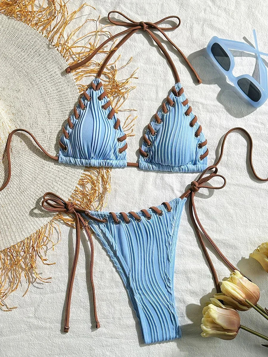 2025 Halter Wrinkled Weaved Bikini Women Swimwear Female Swimsuit Two Pieces Bikini Set Brazilian Bathing Suit Swim Beach Wear