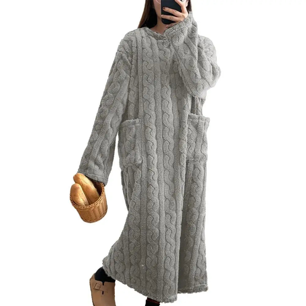 Flannel Nightgowns Long Sleeve Women Loose Double Pocket Solid Sleepwear Jacquard Night Dress Thickened Winter Warm Nightdress