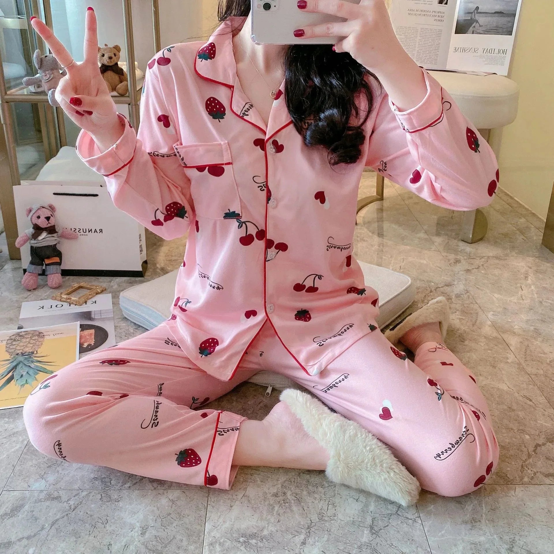 Spring Autumn Winter Long Sleeve Trousers Sleepwear Women's Cardigan Korean Style Outer Wear Casual Thin Homewear Two-piece Suit