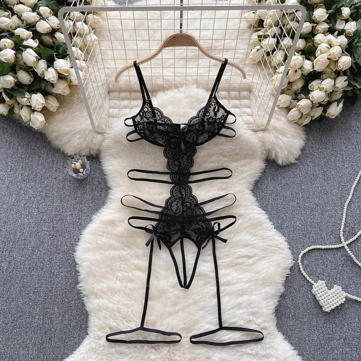 Sexy Women Night Dress Sleeveless Backless Porno Pajamas Floral Lace Erotic Nightwears+Thongs Satin Short Transparent Dresses