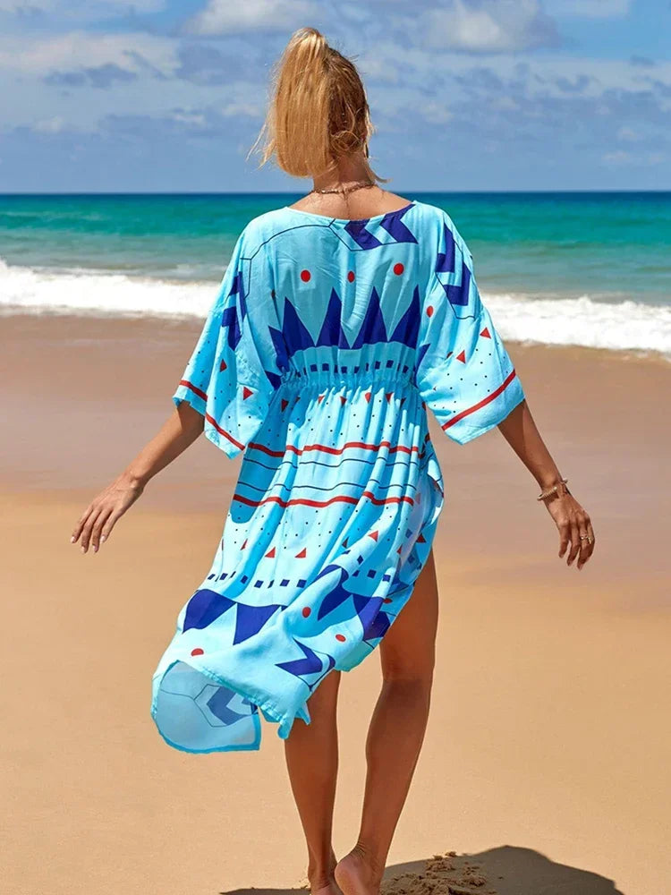 2025 Beach Kimono Cover-up Loose Swimsuit Cover Up Front Open Belt Kaftan Robe Plage Beach Pareos Dress Tunic Beach Wear