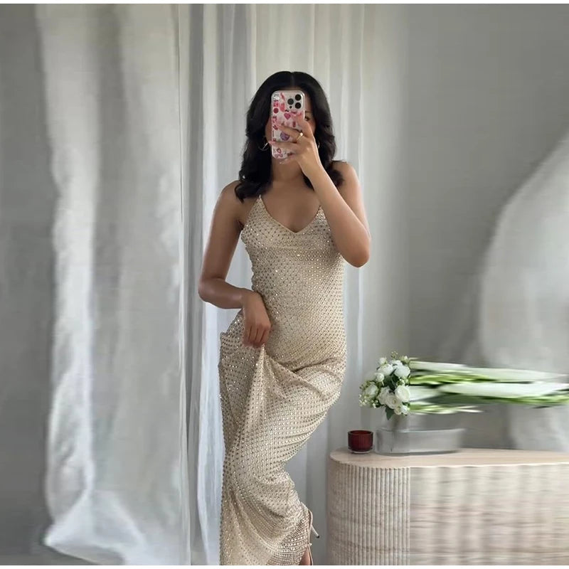 Rhinestone Shining Sexy Evening Dress Women Sleeveless Backless Slim Party Pleated Gown Female Dresses Street Vacation Lady Robe