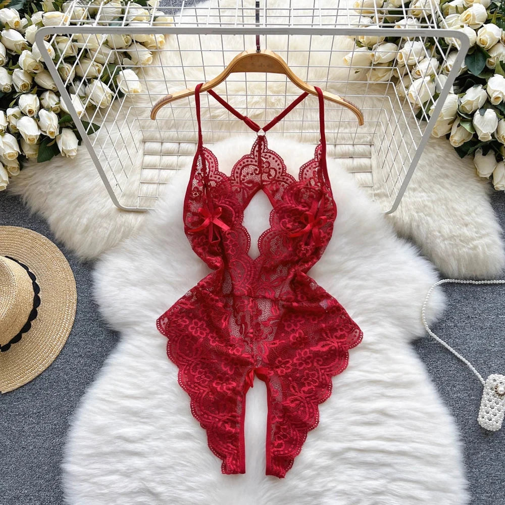 Sexy Women Night Dress Sleeveless Backless Porno Pajamas Floral Lace Erotic Nightwears+Thongs Satin Short Transparent Dresses