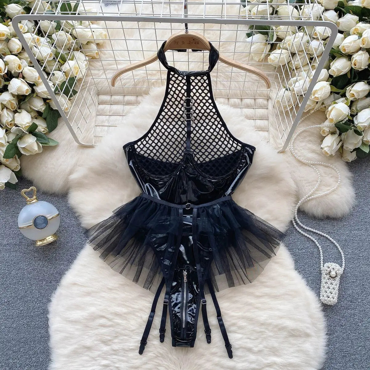 Sexy Women Night Dress Sleeveless Backless Porno Pajamas Floral Lace Erotic Nightwears+Thongs Satin Short Transparent Dresses