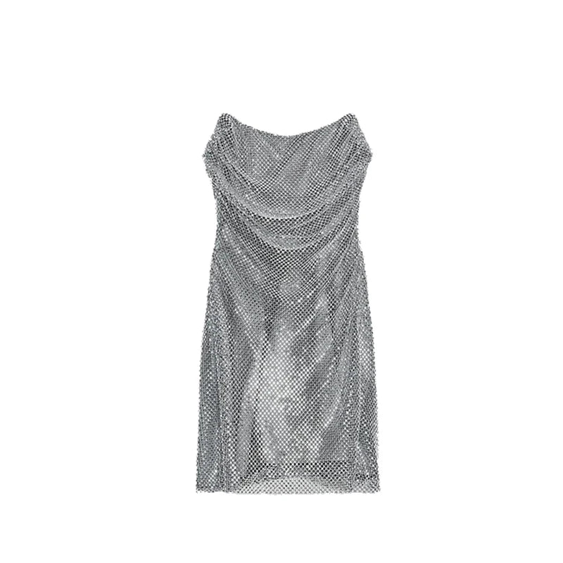 Rhinestone Shining Sexy Evening Dress Women Sleeveless Backless Slim Party Pleated Gown Female Dresses Street Vacation Lady Robe
