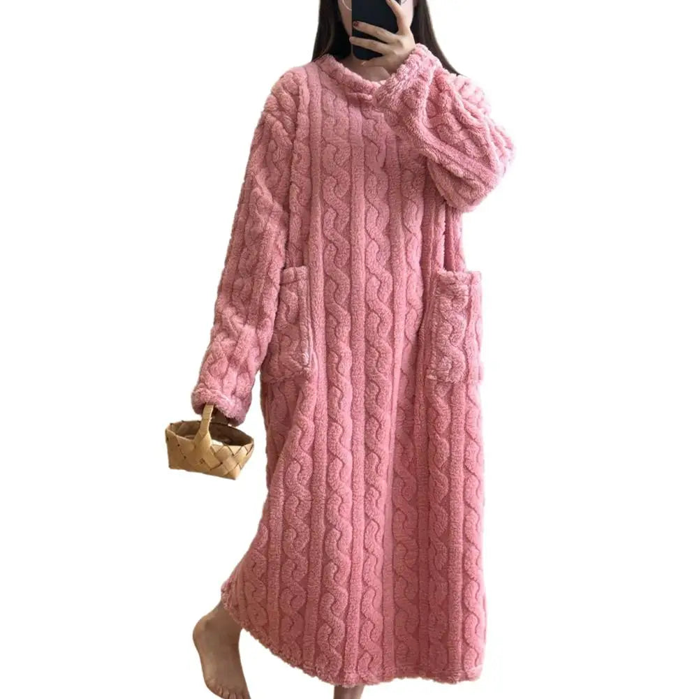 Flannel Nightgowns Long Sleeve Women Loose Double Pocket Solid Sleepwear Jacquard Night Dress Thickened Winter Warm Nightdress