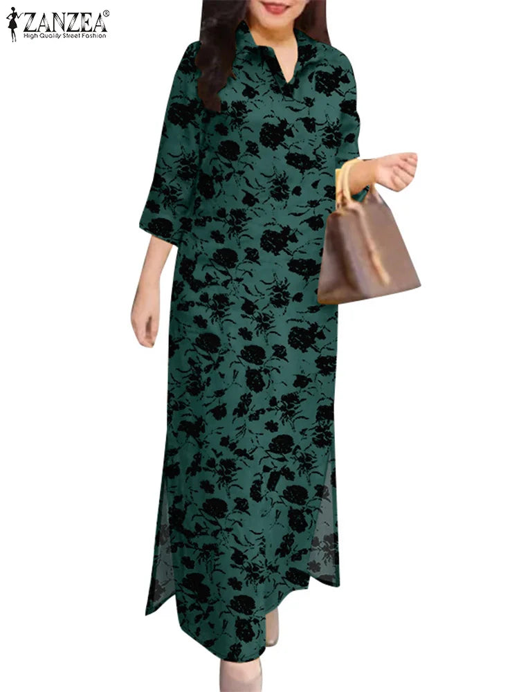 ZANZEA 2025 Autumn Casual Women's Floral Printed Long Dresses Vintage Dress Party Sundress Robe Lapel Neck 3/4 Sleeve Shirtdress