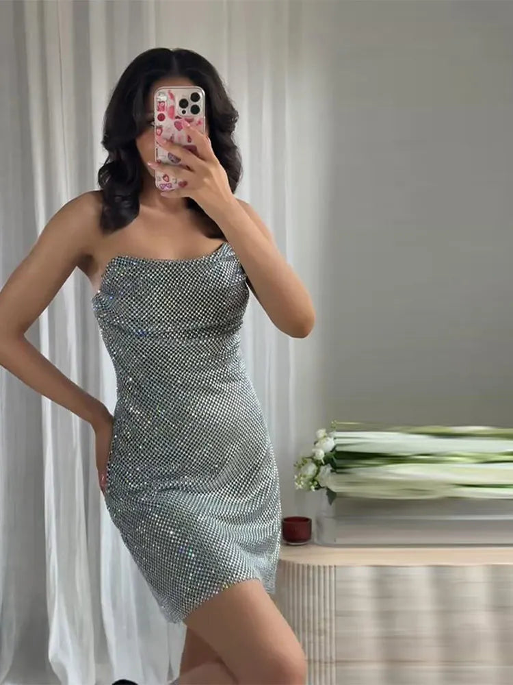 Rhinestone Shining Sexy Evening Dress Women Sleeveless Backless Slim Party Pleated Gown Female Dresses Street Vacation Lady Robe