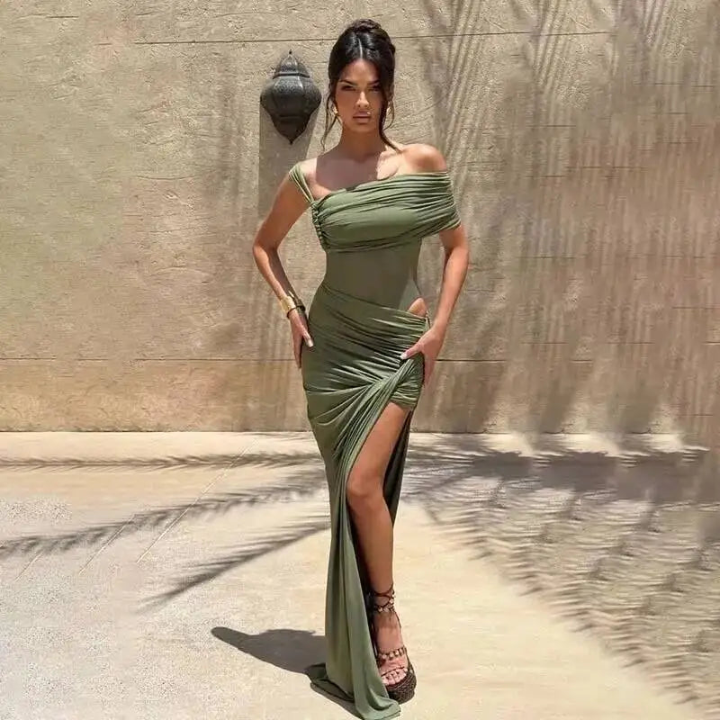 Townlike Pleated Slim Bodycon Maxi Long Dress Women Off Shoulder 2025 Autumn Winter Dress Lace Patchwork Sexy Party Dresses