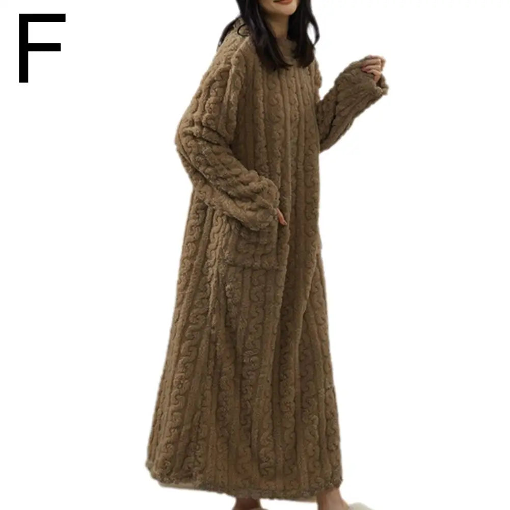 Flannel Nightgowns Long Sleeve Women Loose Double Pocket Solid Sleepwear Jacquard Night Dress Thickened Winter Warm Nightdress