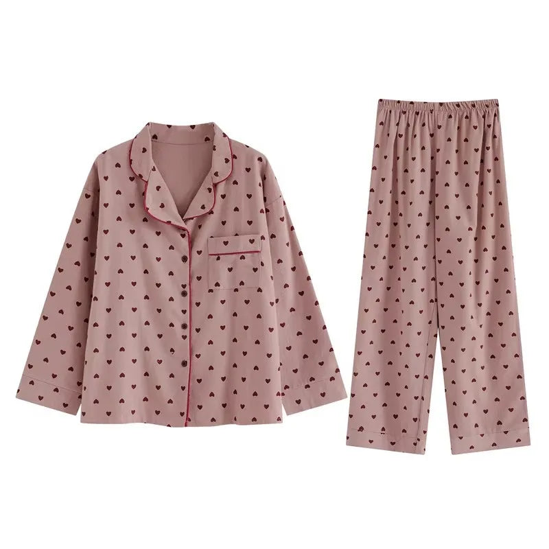 2 Piece Set Large Size Nightwear Women Autumn and Winter Cardigan Homewear Ladies Peach Heart Long Sleeves School Sleepwear
