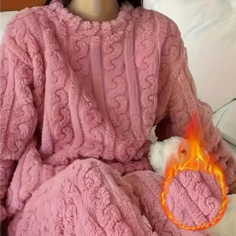 Women Coral Velvet Home Wear Set Warm Jacquard Sleepwear Comfortable Outfit for Winter Christmas and Back to School Season Gift
