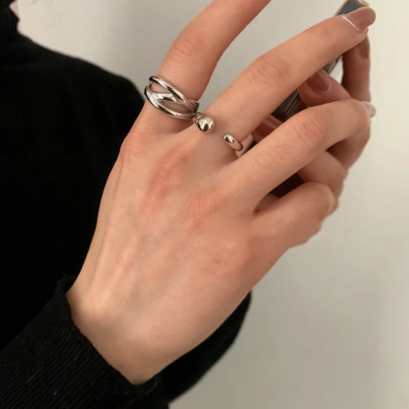 925 Silver Rings for Women Thick Wave Wide Solid Double-layer Punk Trendy Couple Female Party Birthday Gift
