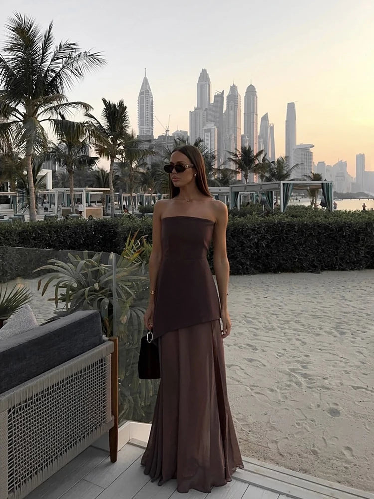 Elegant Strapless Dress With Ribbon Female Fashion Sleeveless Mesh Beach Vacation Long Robes 2025 Spring New Women's Dresses