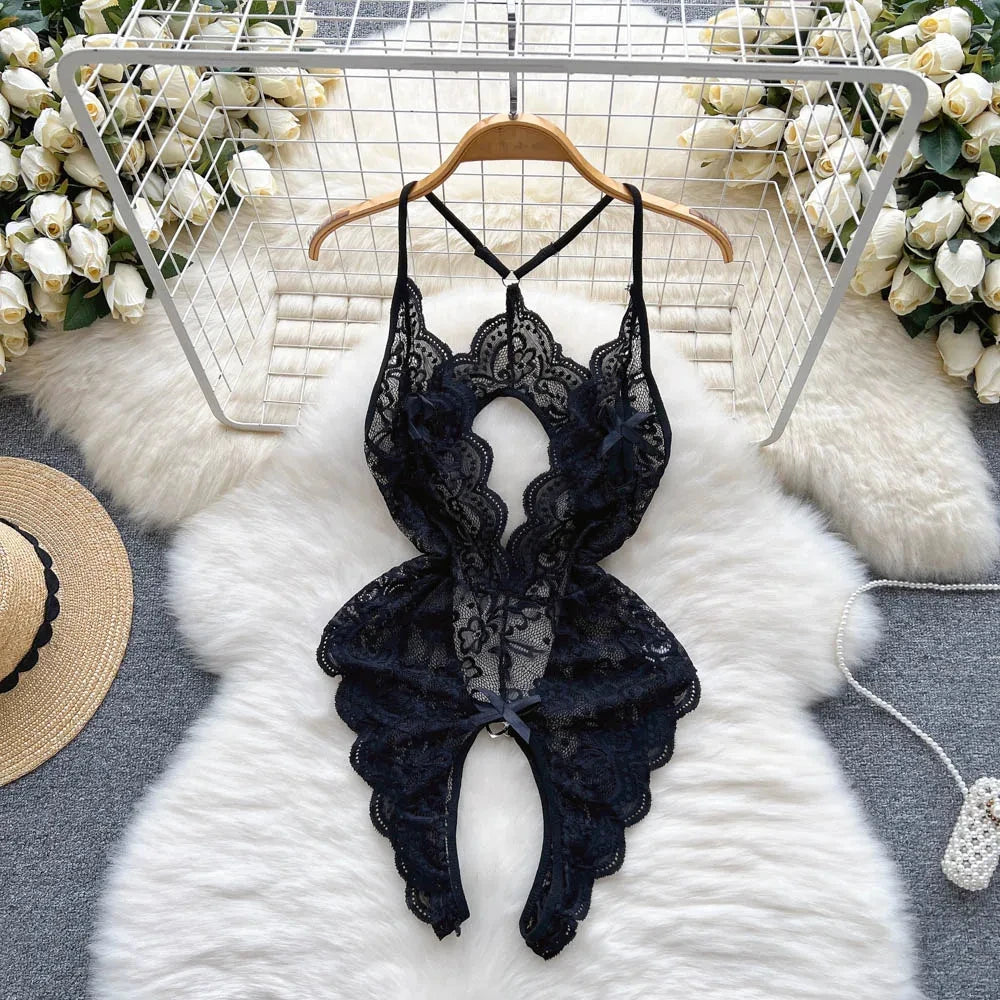 Sexy Women Night Dress Sleeveless Backless Porno Pajamas Floral Lace Erotic Nightwears+Thongs Satin Short Transparent Dresses