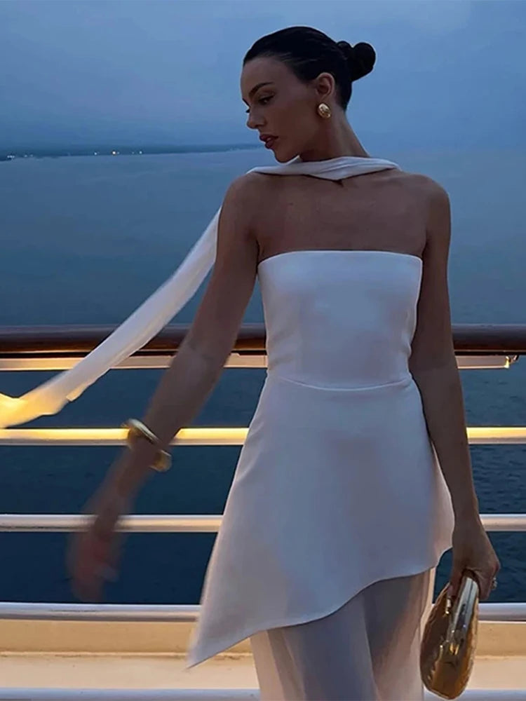 Elegant Strapless Dress With Ribbon Female Fashion Sleeveless Mesh Beach Vacation Long Robes 2025 Spring New Women's Dresses