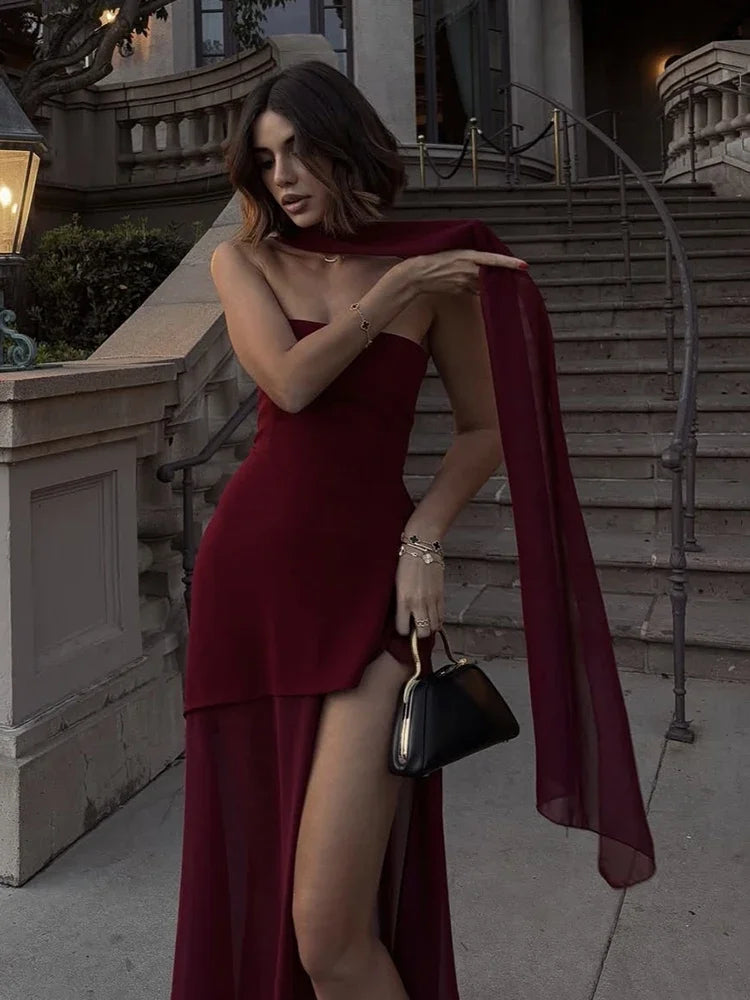 Elegant Strapless Dress With Ribbon Female Fashion Sleeveless Mesh Beach Vacation Long Robes 2025 Spring New Women's Dresses