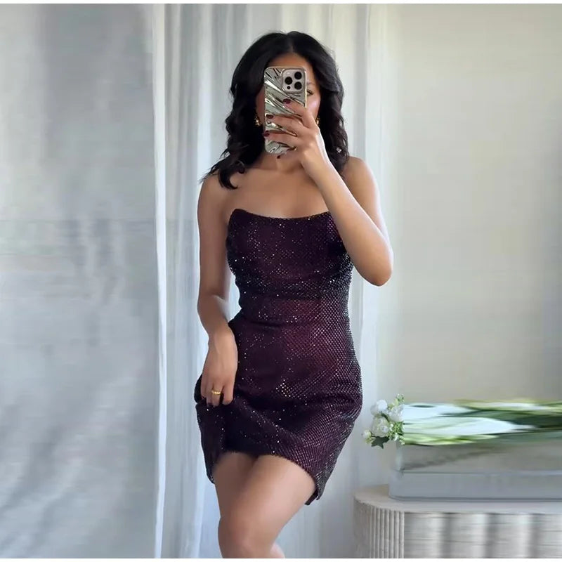 Rhinestone Shining Sexy Evening Dress Women Sleeveless Backless Slim Party Pleated Gown Female Dresses Street Vacation Lady Robe