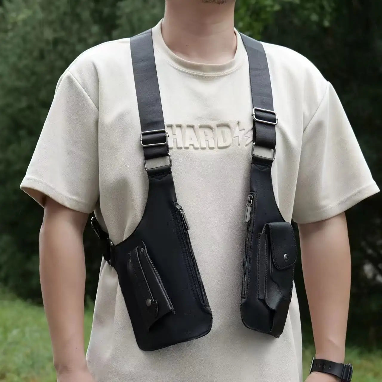 Double Shoulder Strap Multi-Pocket Outdoor Anti-Theft Tactical Fishing Bag Waterproof PU Multi-Purpose Men's Crossbody Bags