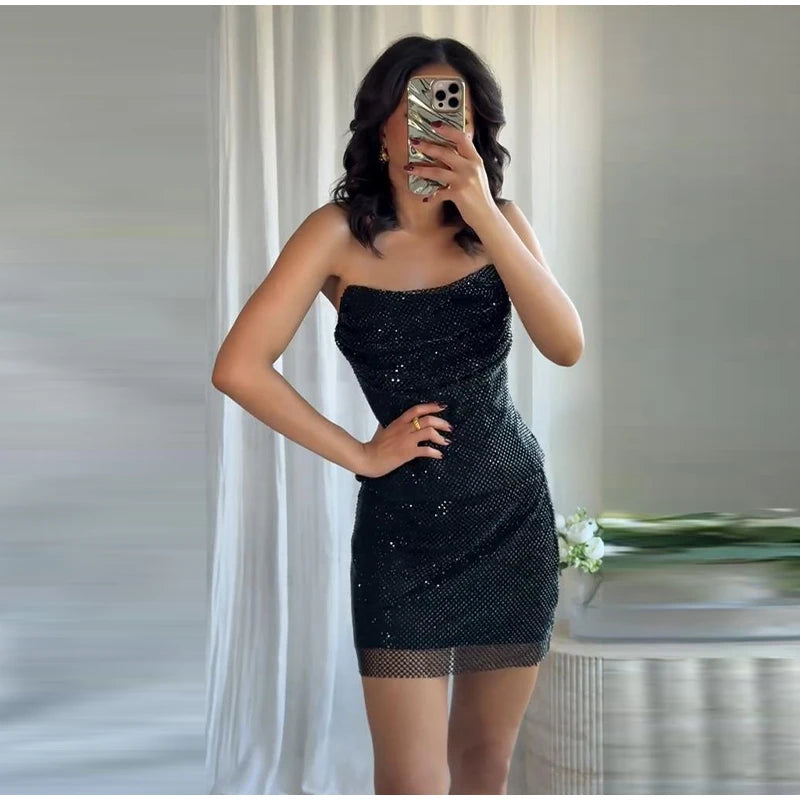Rhinestone Shining Sexy Evening Dress Women Sleeveless Backless Slim Party Pleated Gown Female Dresses Street Vacation Lady Robe