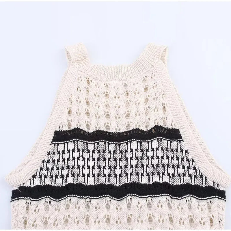 Women Knitted Hollow Out Mini Dresses Round Neck Sleeveless Off Shoulder Short Dress Lady Casual Summer Holiday Beach Robes