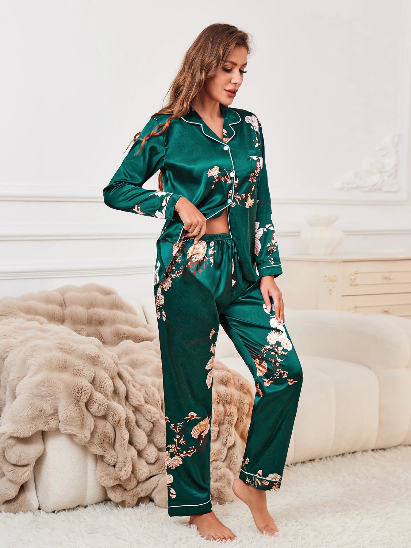 Floral Print Contrast Piping Satin Pajama Set,Women's Sleepwear & Loungewear Button Up Lapel Top & Pants Pj Set
