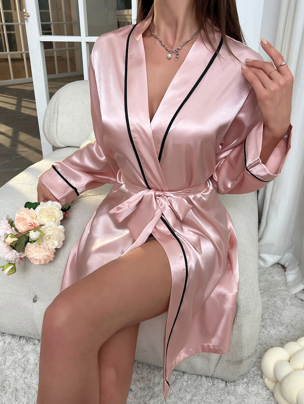Simple Satin Night Robe Elegant V Neck Long Sleeve House Robe With Belt  Women's Sleepwear