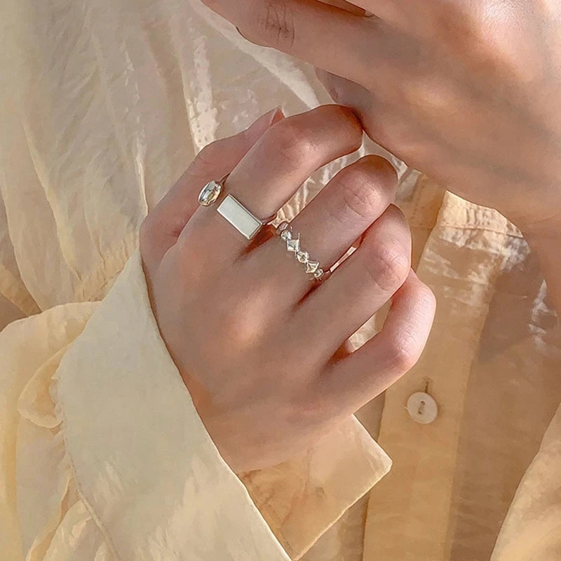 925 Silver Rings for Women Thick Wave Wide Solid Double-layer Punk Trendy Couple Female Party Birthday Gift