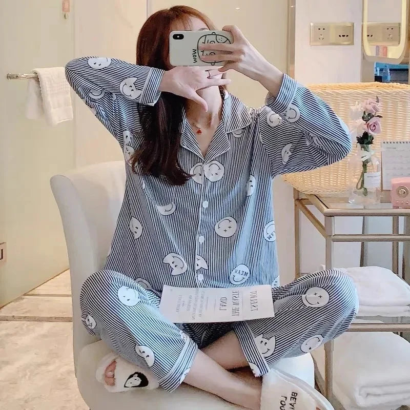 Spring Autumn Winter Long Sleeve Trousers Sleepwear Women's Cardigan Korean Style Outer Wear Casual Thin Homewear Two-piece Suit
