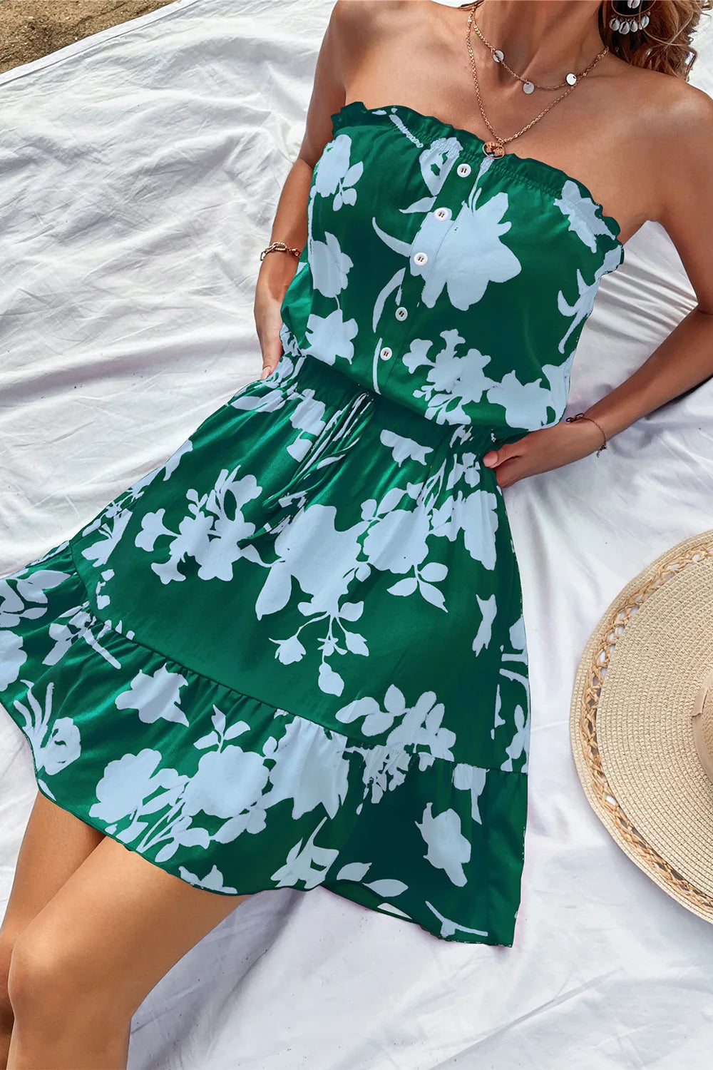 YEMOGGY Elegant Floral Print Dress for Women Summer Dresses 2024 New Casual Single Breasted Lace-up Sexy Bandeau Mini Dress