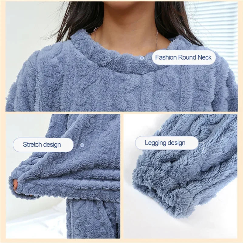 Women Coral Velvet Home Wear Set Warm Jacquard Sleepwear Comfortable Outfit for Winter Christmas and Back to School Season Gift