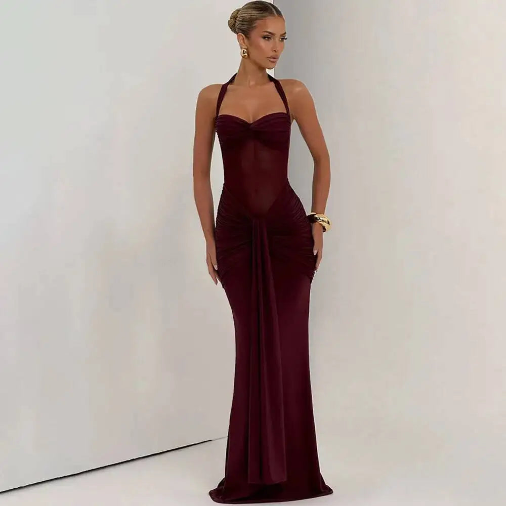 Townlike Pleated Slim Bodycon Maxi Long Dress Women Off Shoulder 2025 Autumn Winter Dress Lace Patchwork Sexy Party Dresses